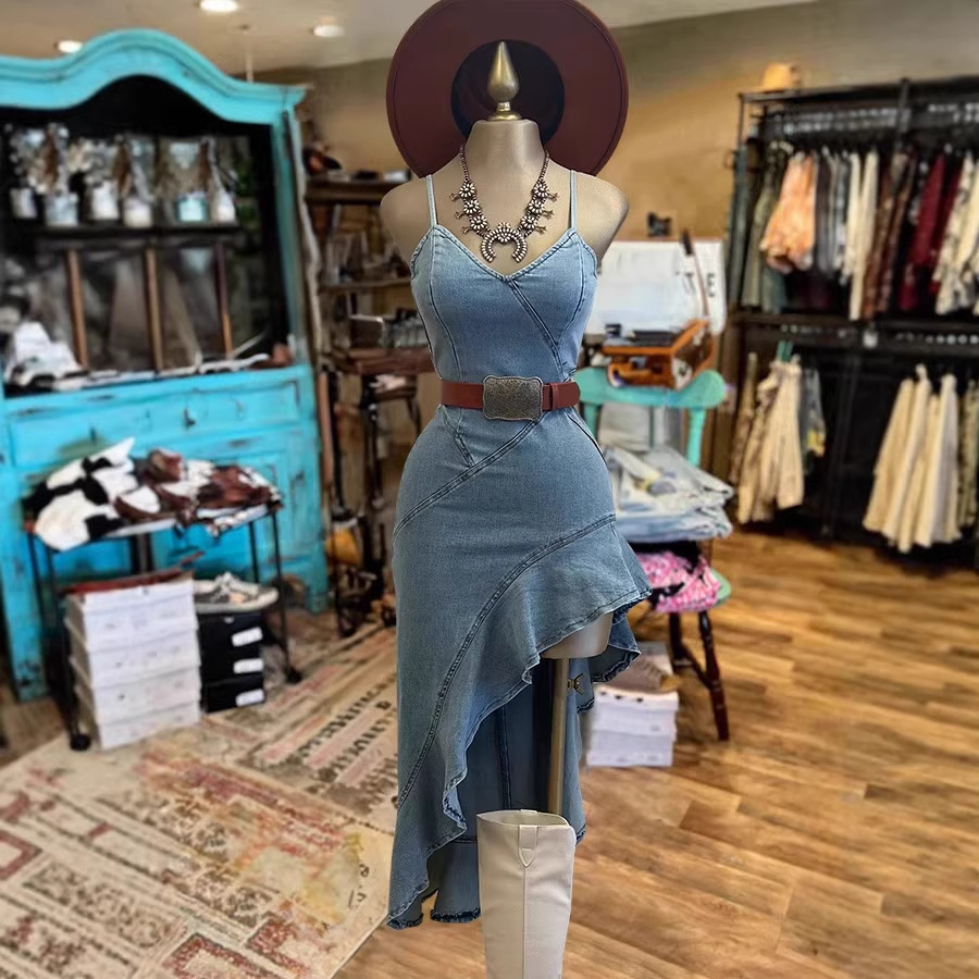 Women's Sleeveless Denim Dress with Asymmetrical Hem