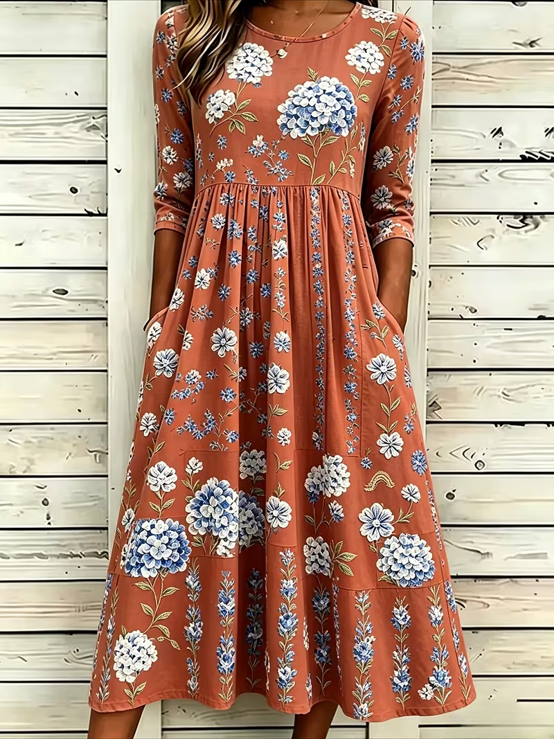 Women's Fresh Floral Print Ruched Midi Dress