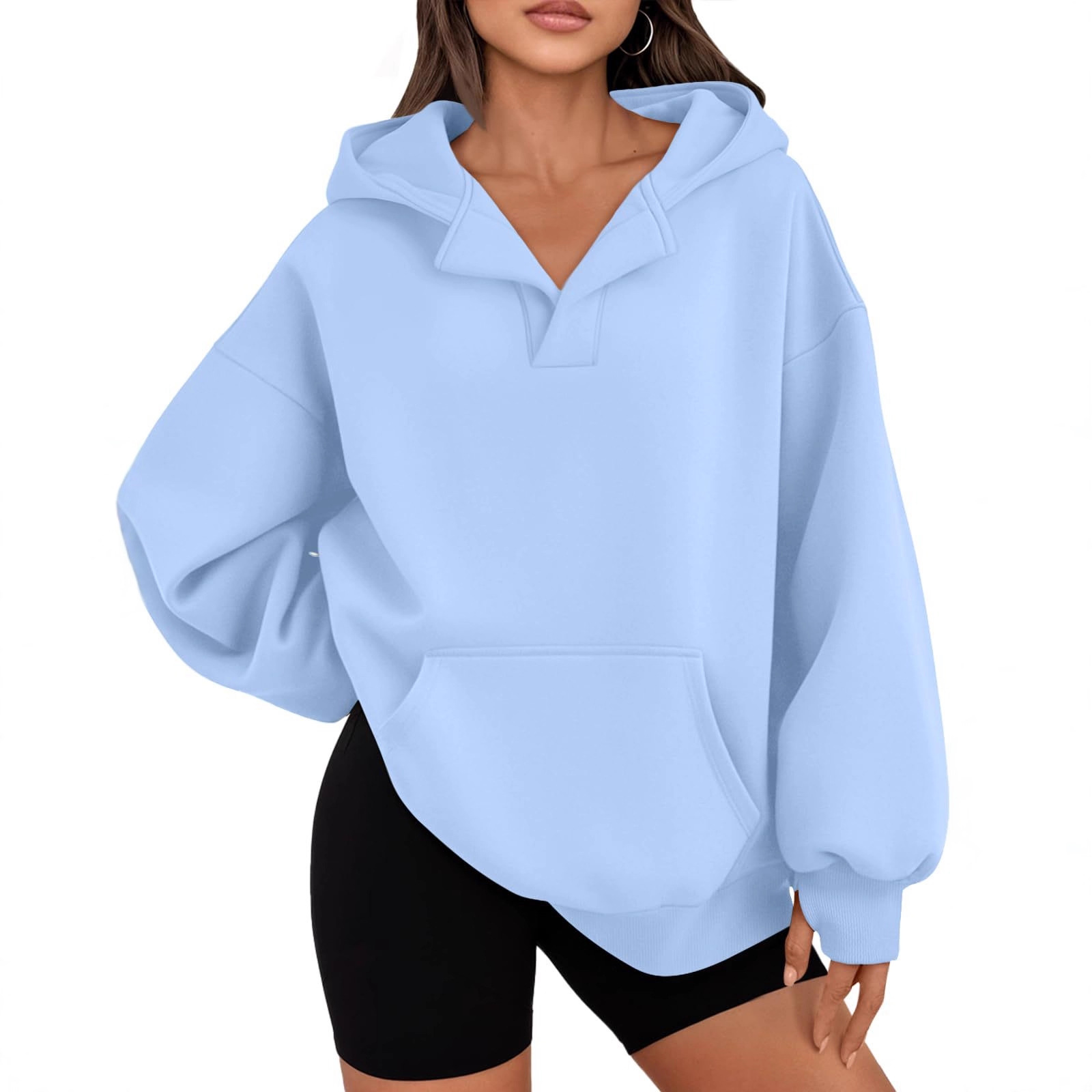 Women's V-Neck Hooded Pullover Sweatshirt with Thumbholes Cotton Fleece Casual Top