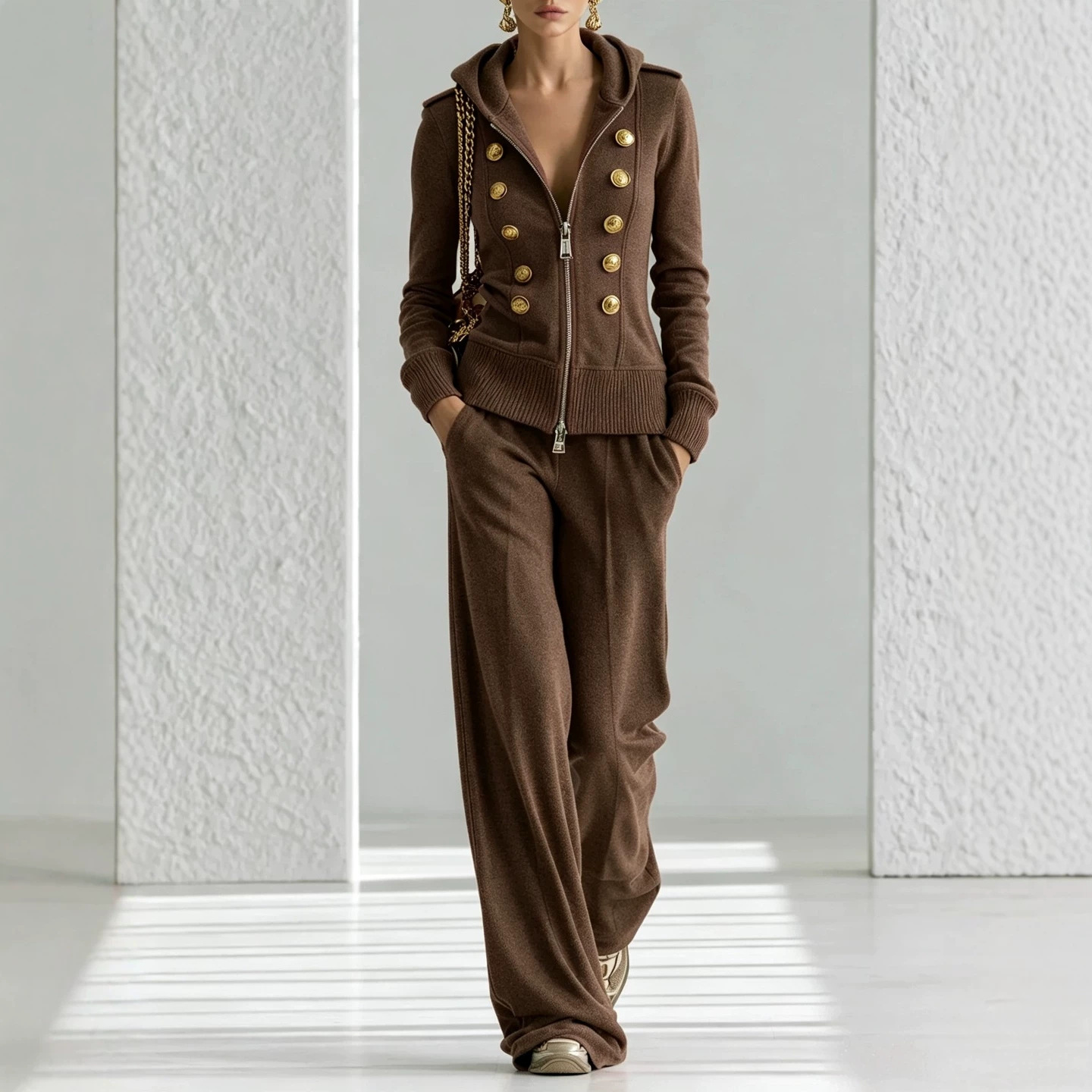 Y2K Double-Breasted Hooded Zip Top & Wide-Leg Pants Women's Set