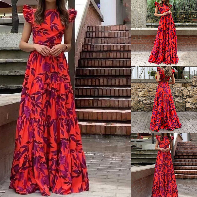 Floral Print Flutter Sleeve Ruffle Maxi Dress