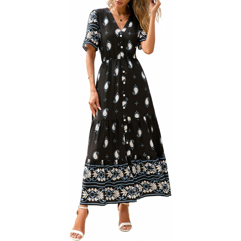 Bohemian V-Neck Short Sleeve Midi Dress Floral Print