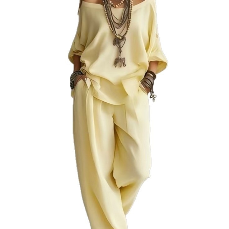 Cotton-Linen Off-Shoulder Wide-Leg Two-Piece Pants Set