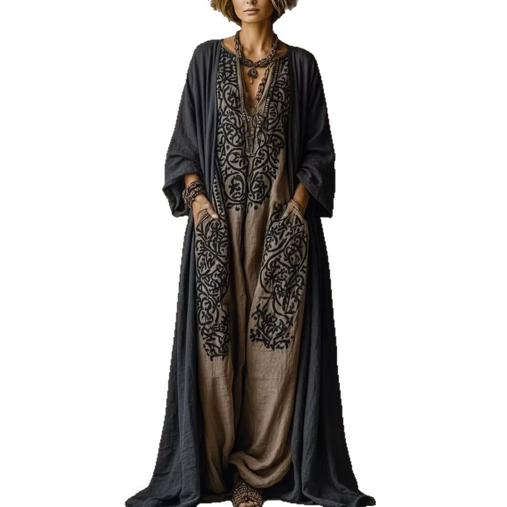 Bohemian Print Cardigan Two-Piece Dress Set Long Sleeve Blue