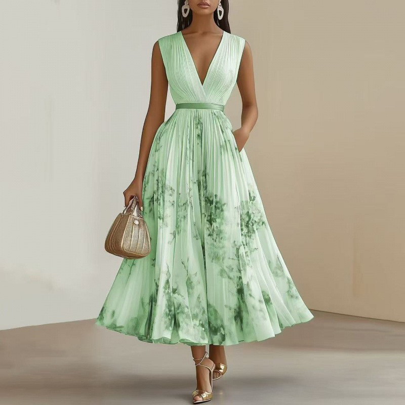 Women's Sleeveless Floral Print Maxi Dress with Oversized Pleated Skirt