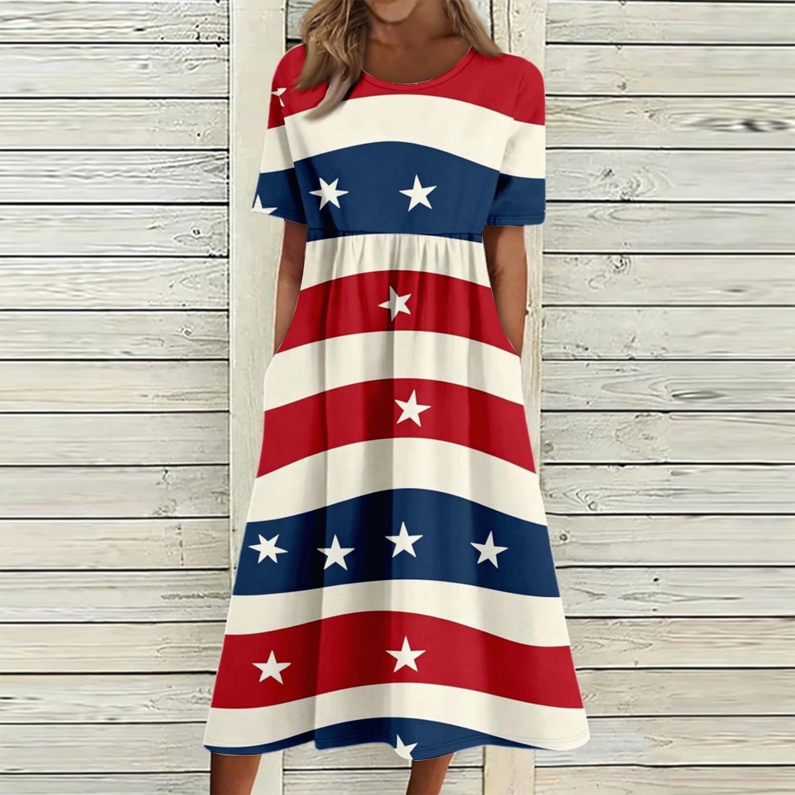 Women's Star Floral Print Ruched Midi Dress Short Sleeve Crew Neck