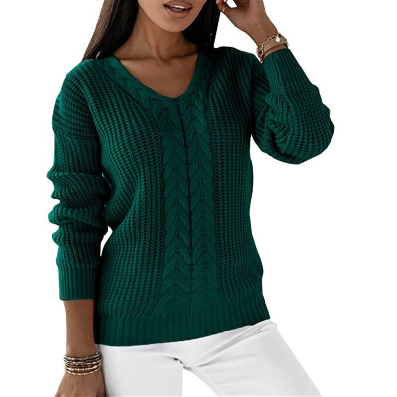 Women's V-Neck Cable Knit Pullover Sweater Long Sleeve Solid Color