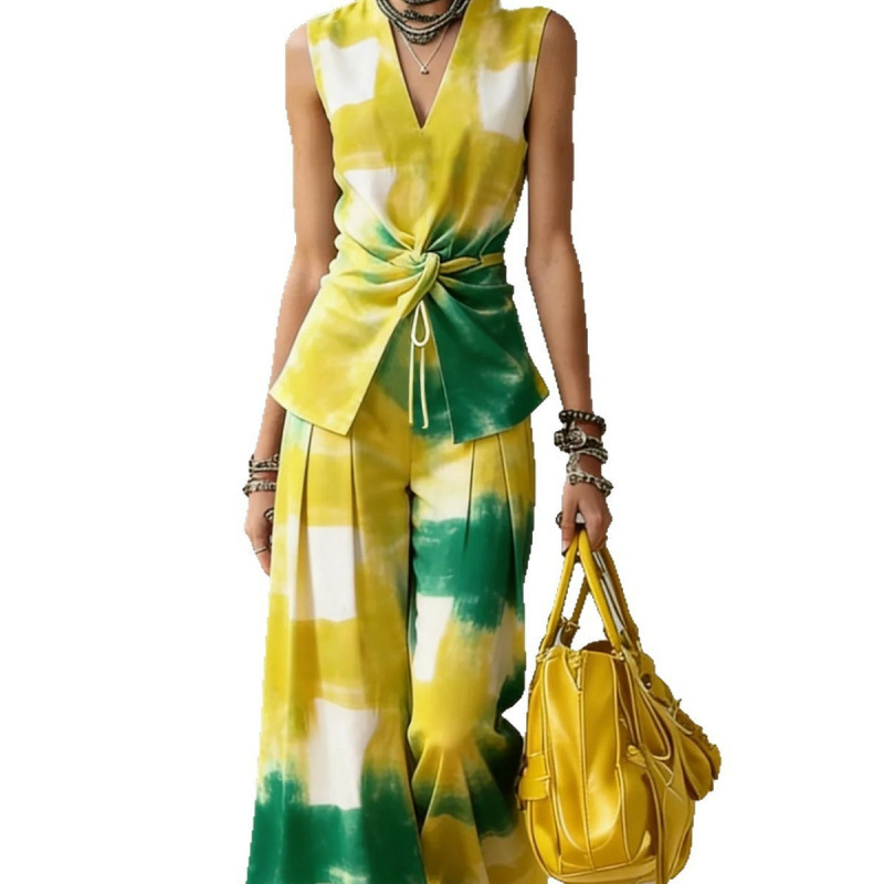 V-Neck Twist Sleeveless Top and Wide-Leg Pants Two-Piece Set
