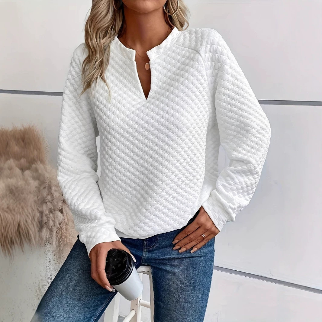 Women's Solid Deep V-Neck Long Sleeve Casual Sweatshirt