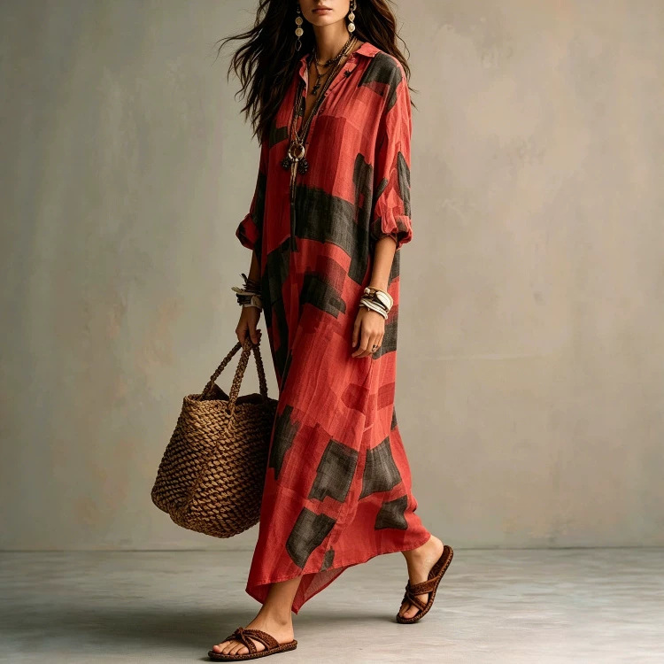Women's Geometric Print Button-Front Collared Long Sleeve Maxi Dress