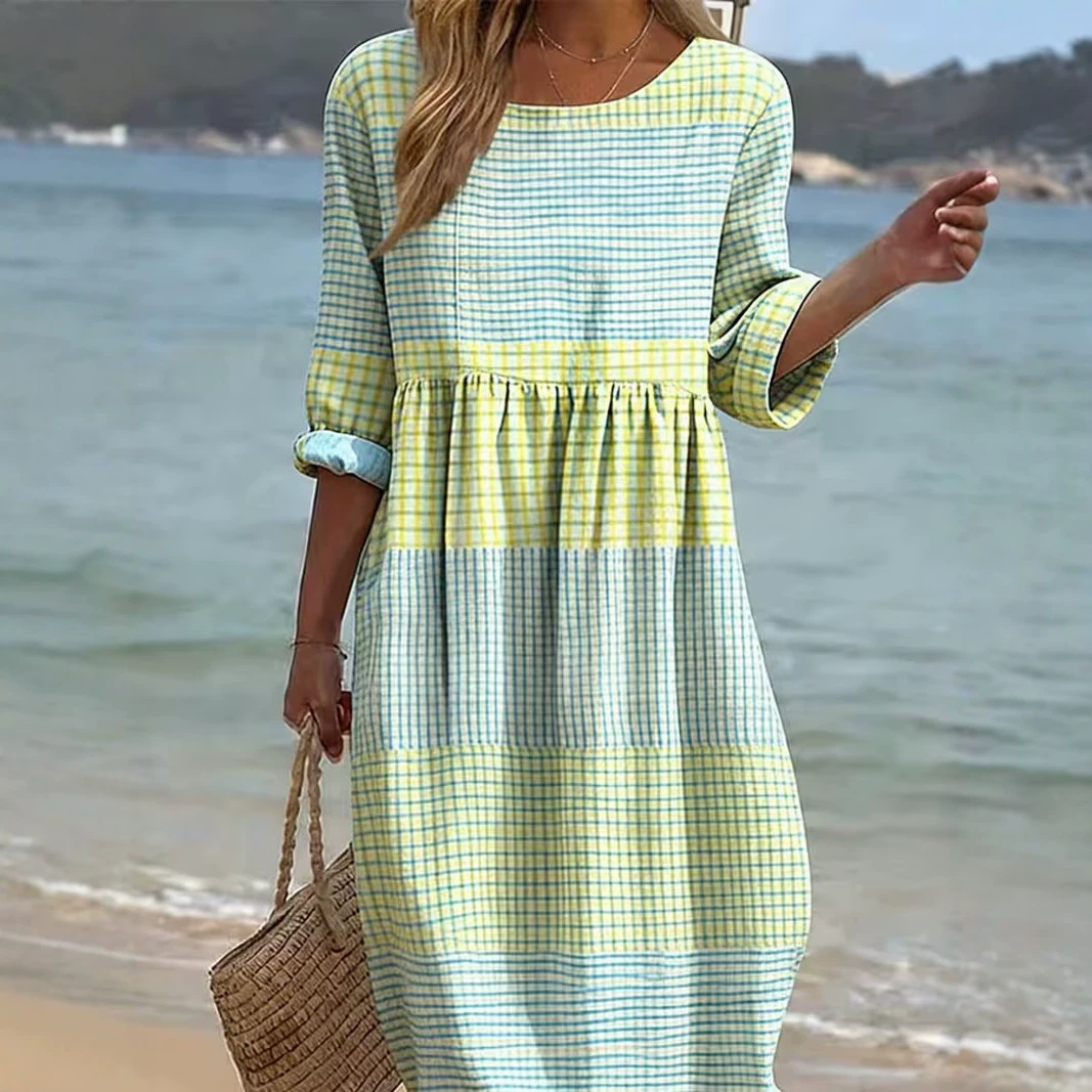 Women's Plaid Color-Block Floral Midi Dress with Pleated Details