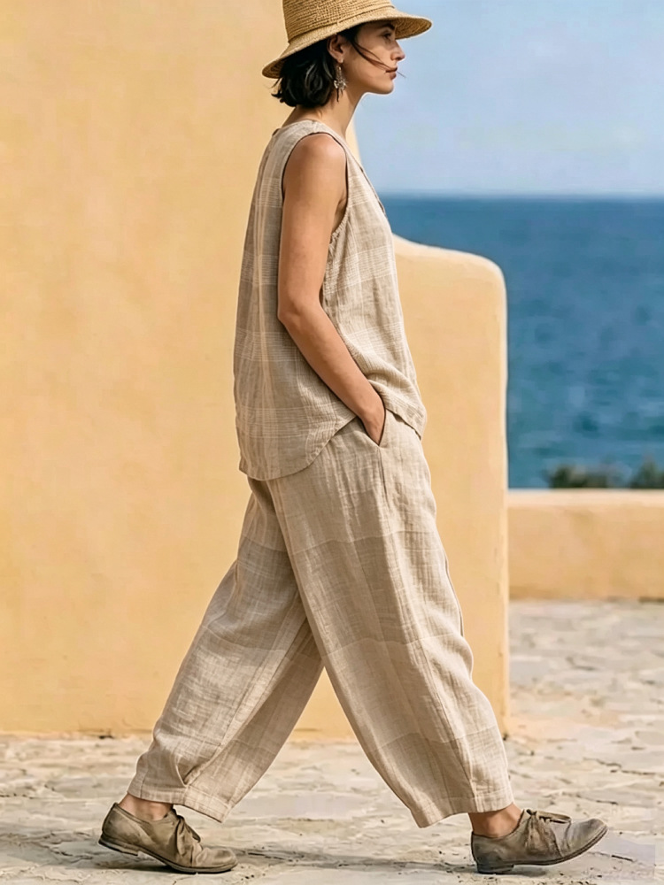 Women's Plaid Sleeveless Top and Wide-Leg Pants Two-Piece Set