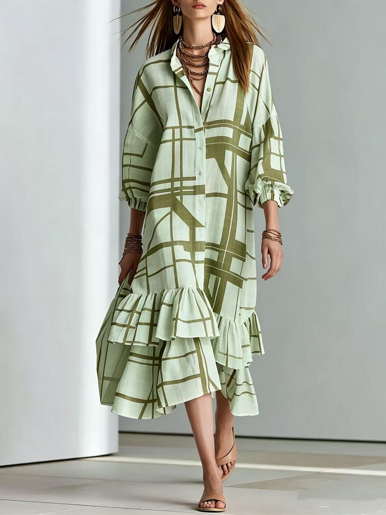 Bohemian Geometric Print Ruffle Asymmetrical Hem Long Shirt Dress