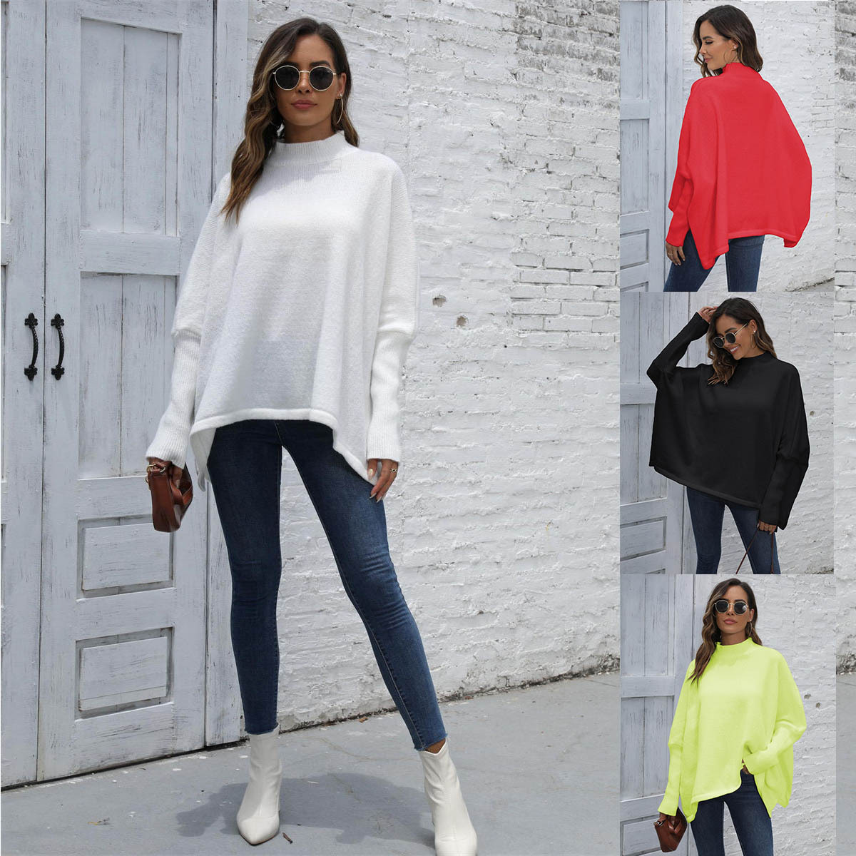 Women's Oversized Batwing Sleeve Split Hem Half Turtleneck Sweater
