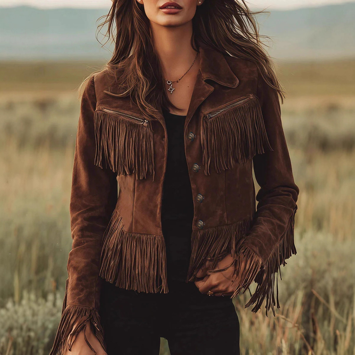 Women's Brown Faux Suede Fringe Jacket
