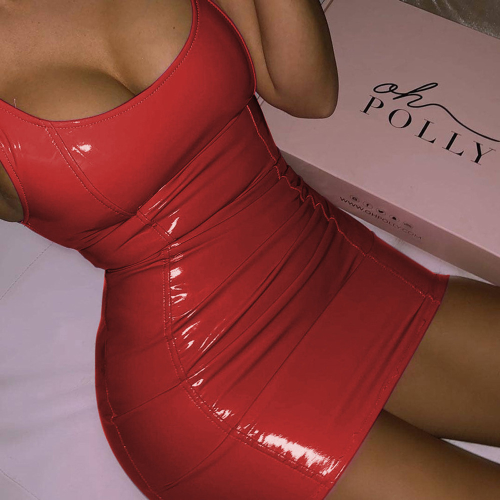 Sexy Sleeveless Bodycon Mini Dress Faux Leather Zip High Stretch Round Neck