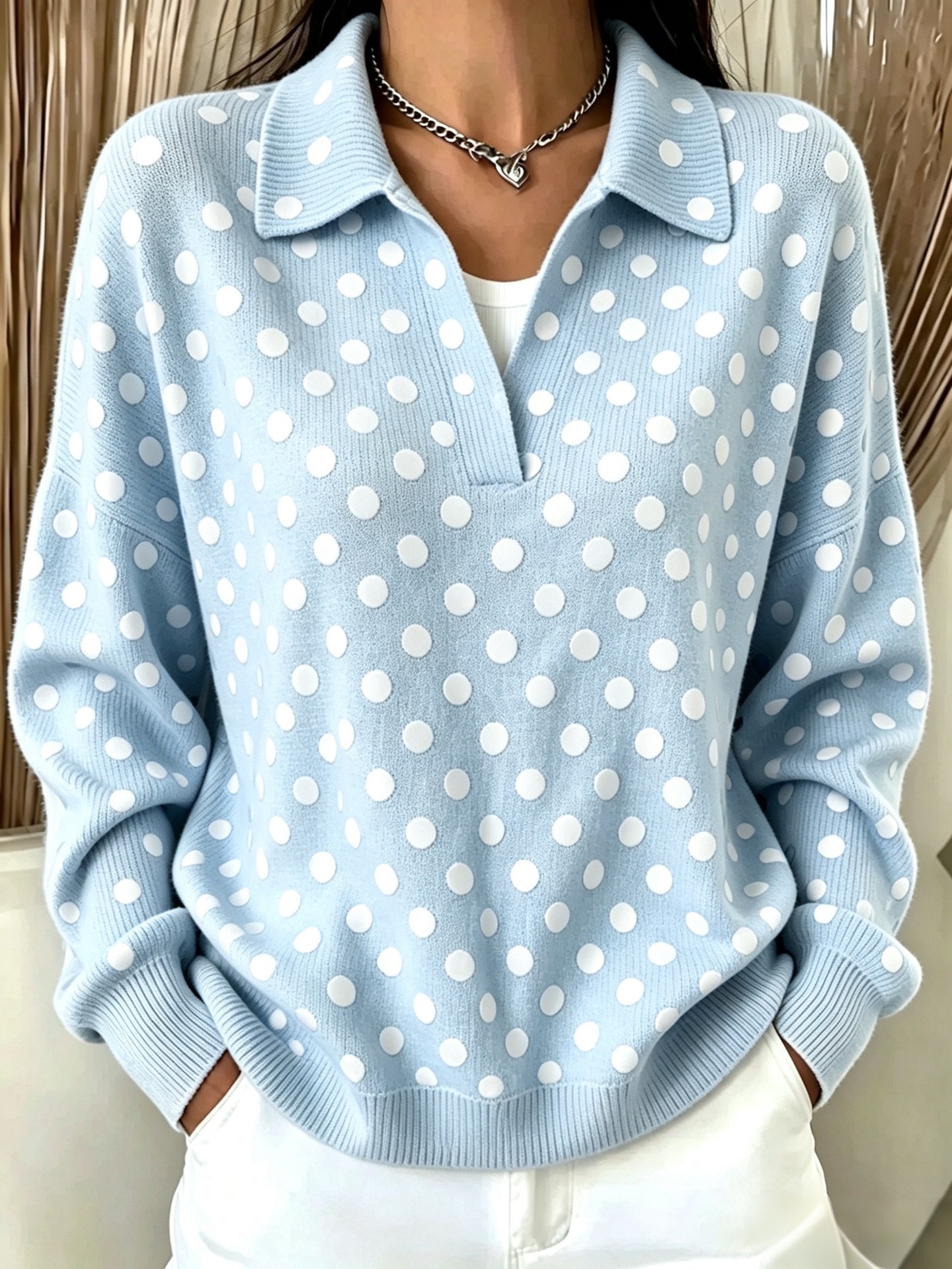 Women's Retro Polka Dot Print Button-Up Collared Sweatshirt
