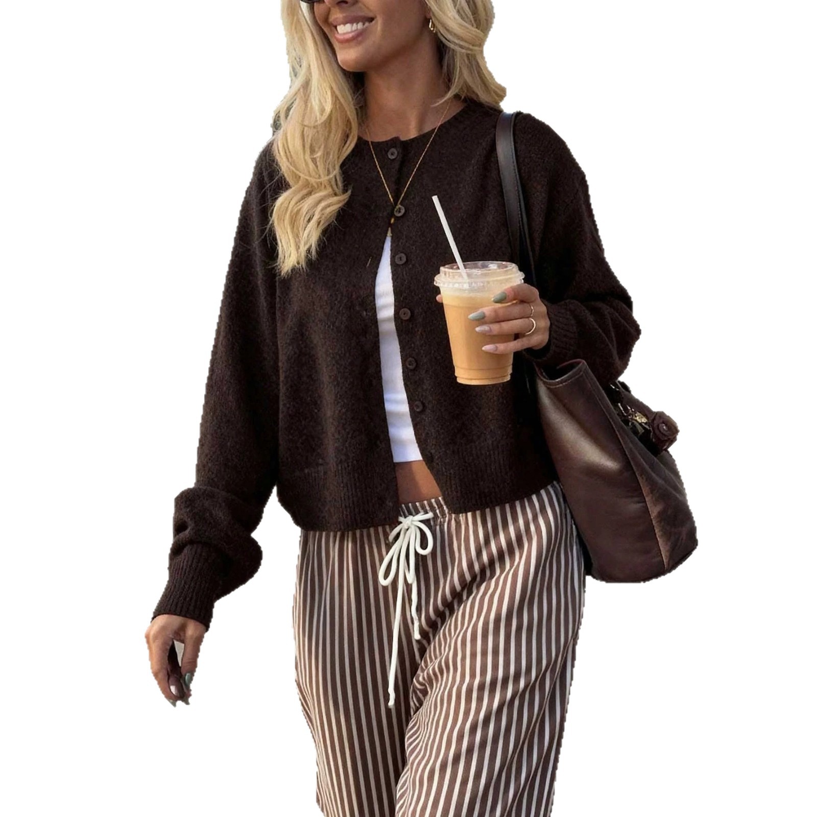 Women's Vintage Dark Brown Cropped Knit Cardigan Crewneck Long Sleeve