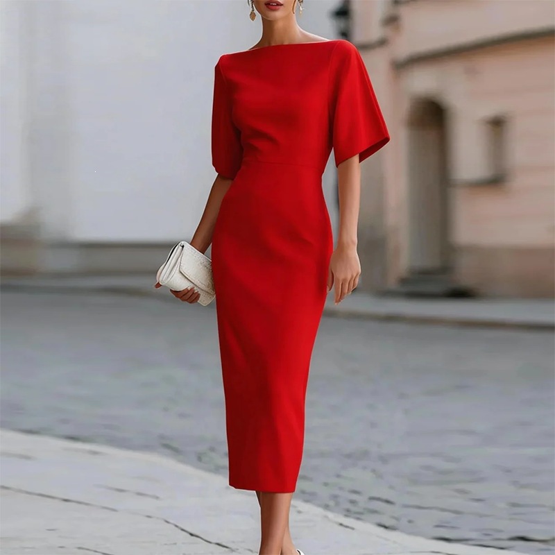 Women's Slim Fit Square Neck Midi Dress Solid Color