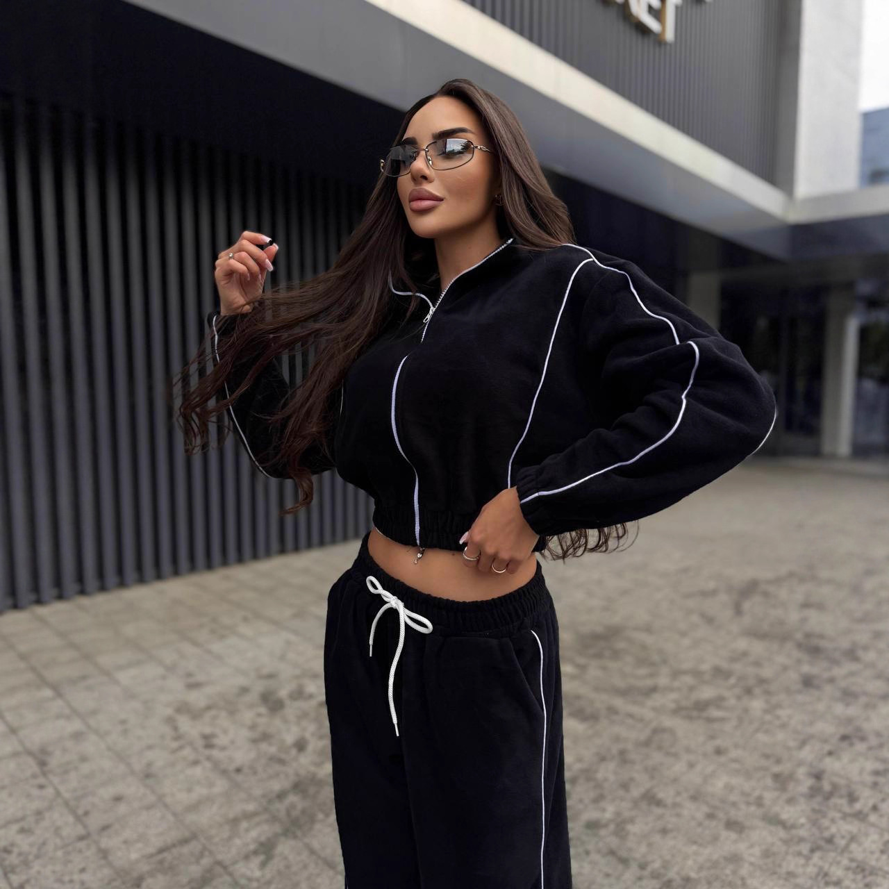 Women's Striped Fleece Pullover Hoodie and Drawstring Pants Set