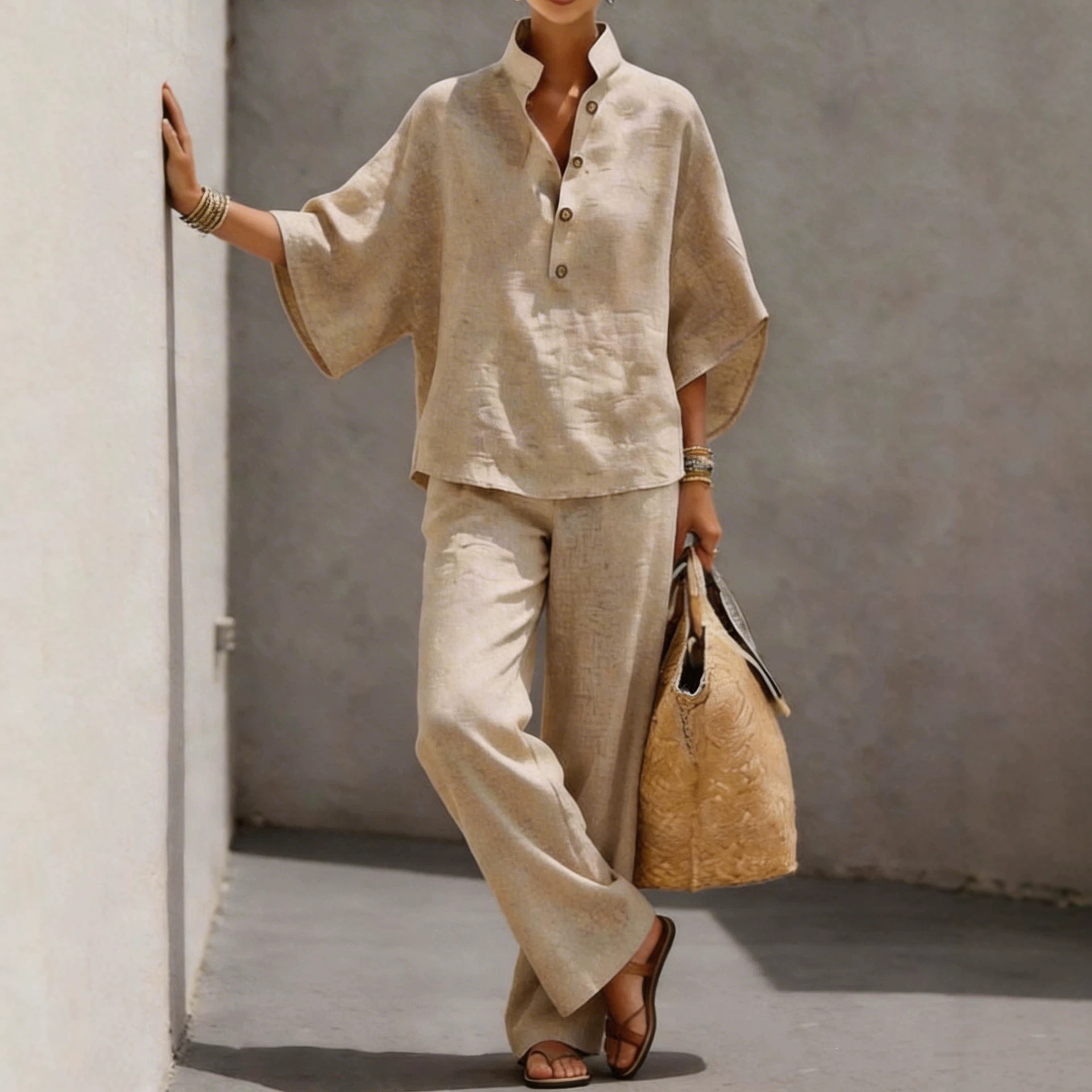 Women's Cotton-Blend Shirt and Pants Two-Piece Set