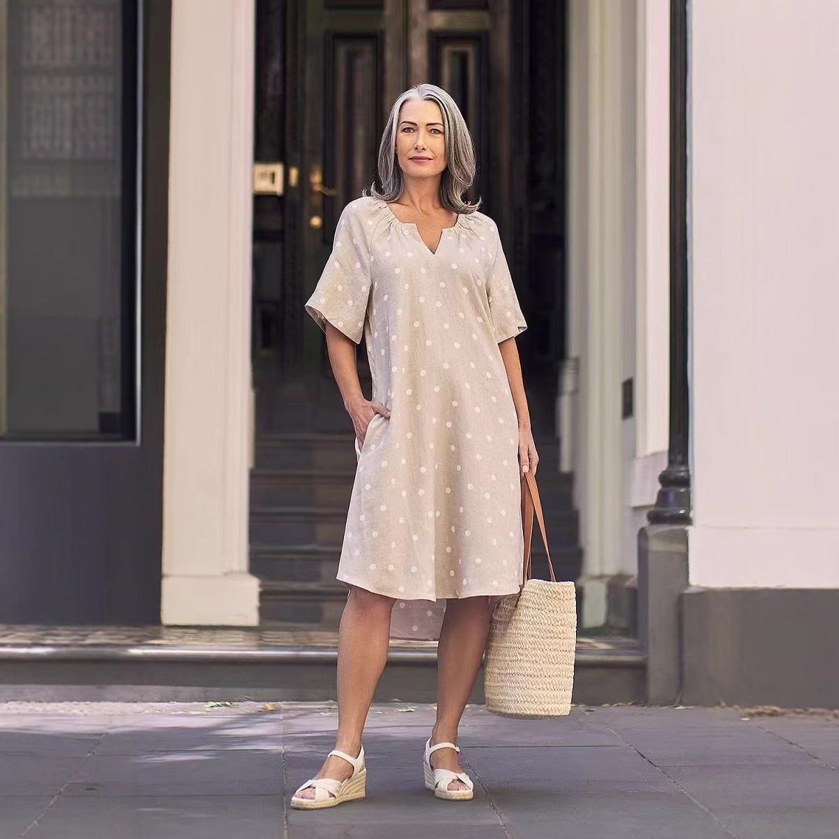 V-Neck Short Sleeve Polka Dot Midi Dress with Pockets