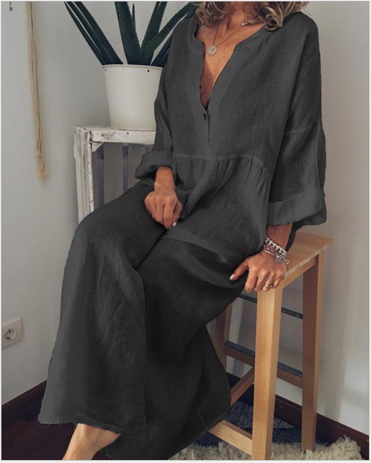 Solid Long Sleeve V-Neck Button A-Line Maxi Dress