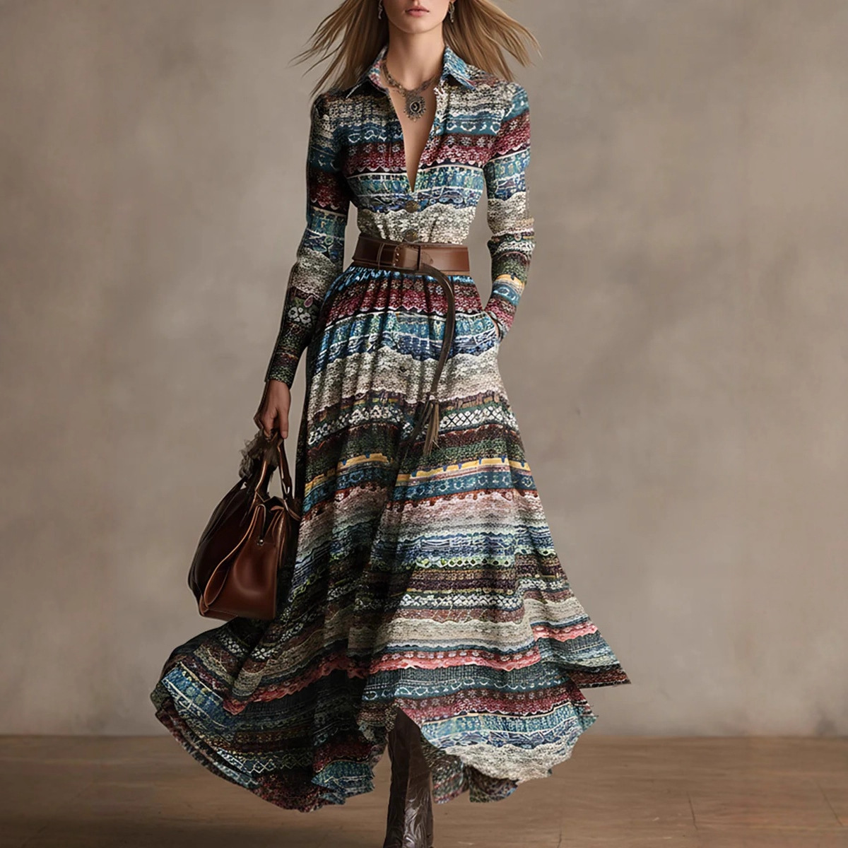 Women's Ethnic Tribal Print Long Sleeve Maxi Shirt Dress