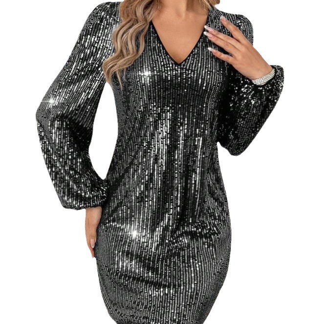 Elegant Solid V-Neck Long Sleeve Sequin Bodycon Dress