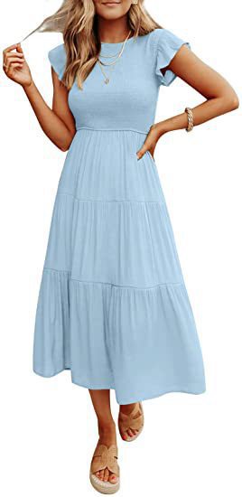 Women's Flutter Sleeve Ruched Tiered Short Sleeve Swing Dress