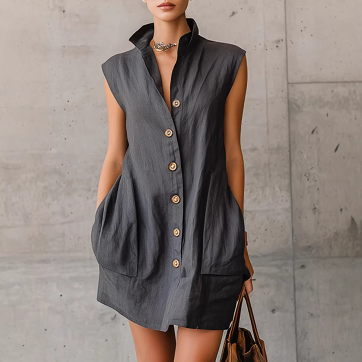 Sleeveless Collared Shirt Dress with Pockets A-Line Short Vacation Dress