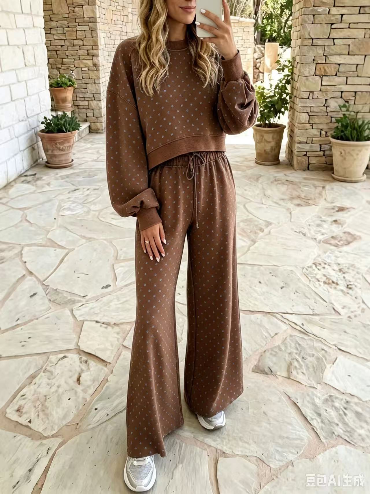 High-Waist Polka Dot Print Wide-Leg Pants Set Women