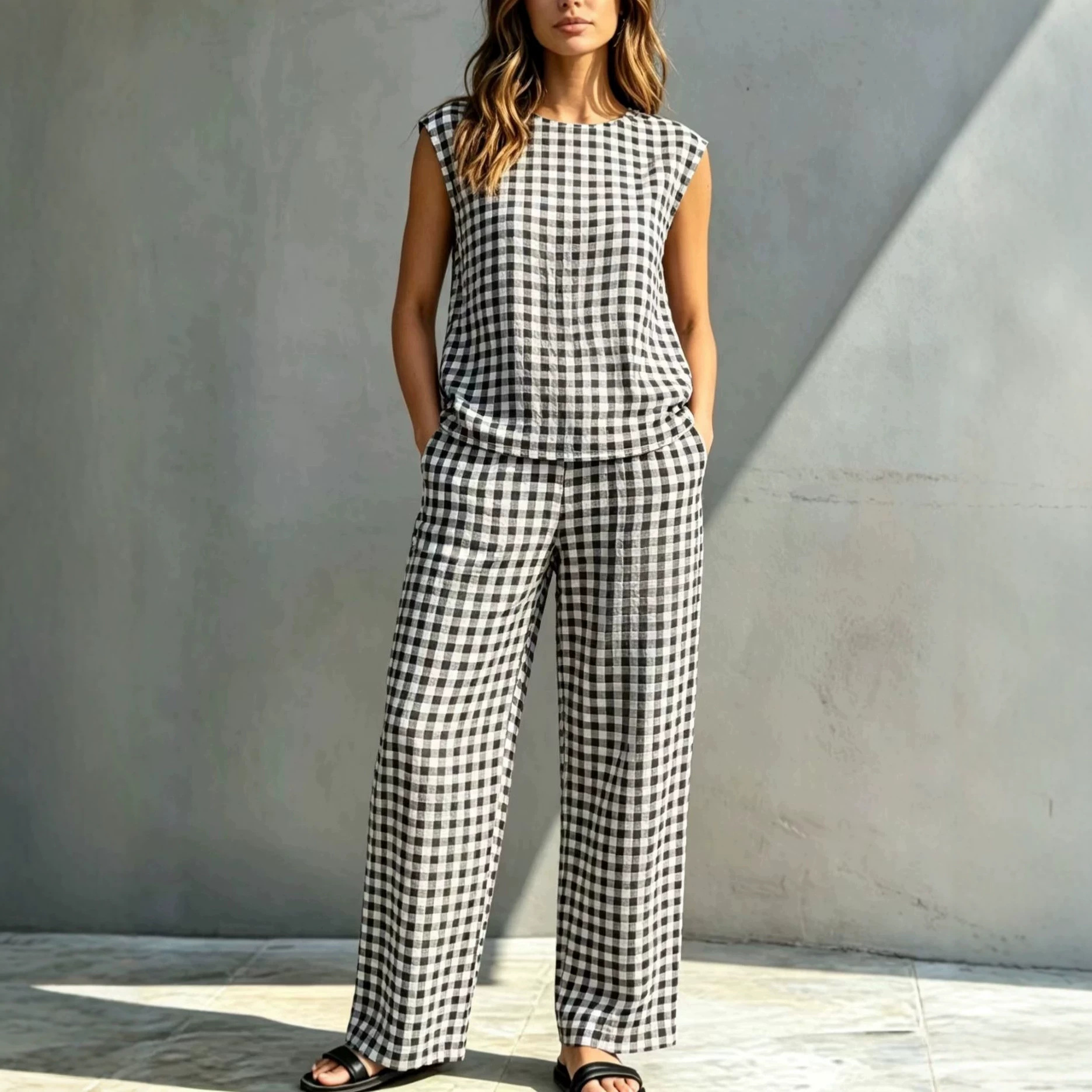 Plaid Sleeveless Vest and Wide-Leg Pants Two-Piece Set