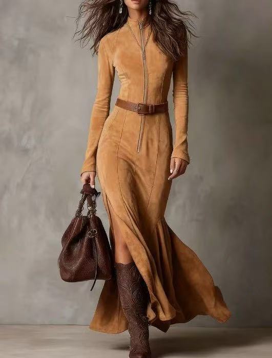 Dark Midi Dress with Slit, Belt, and Zip