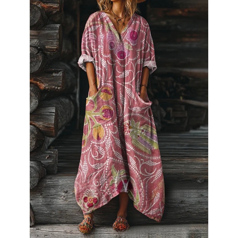 Women's Floral Ripple Print V-Neck A-Line Midi Dress Long Sleeve