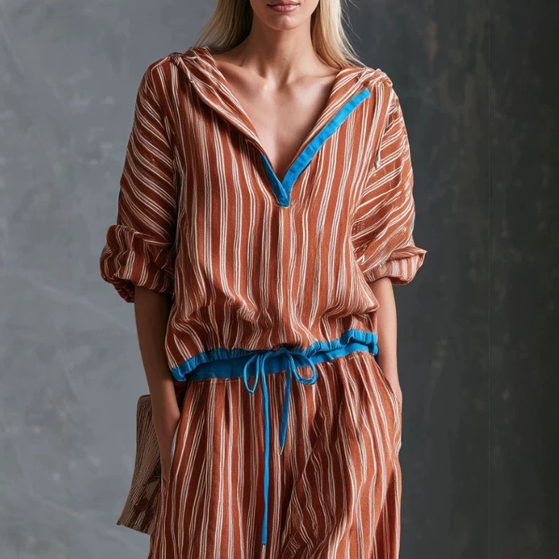 Retro Colorblock Hooded Long Sleeve Top and Pants Set