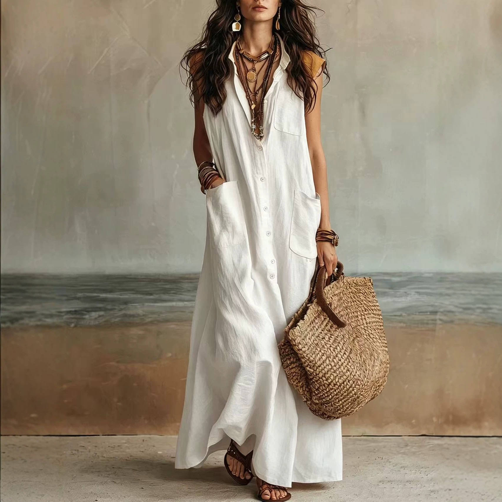 Off-Shoulder Boho V-Neck Shirt Dress Loose Long