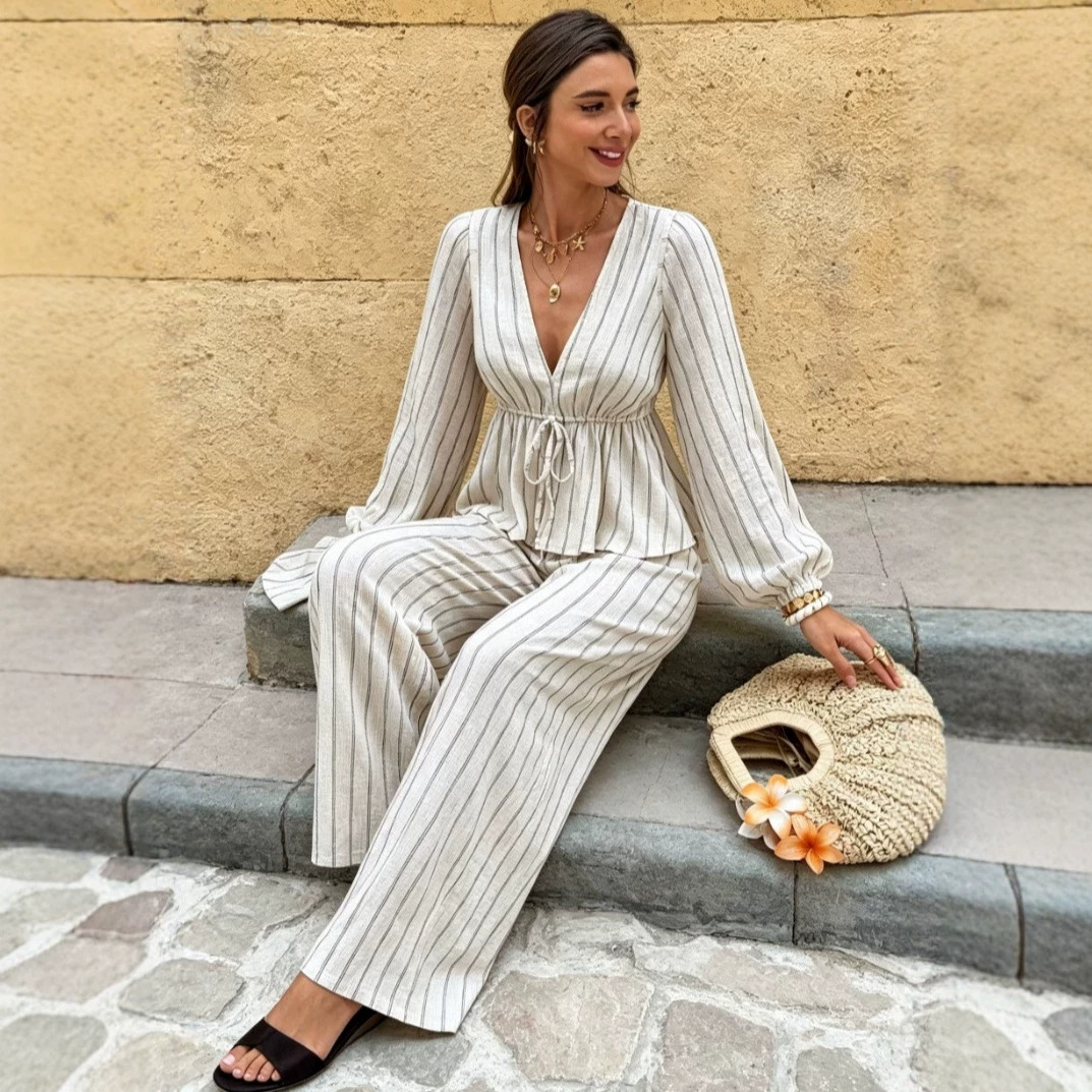 V-Neck Tie Striped Long Sleeve Top and Pants Two-Piece Set