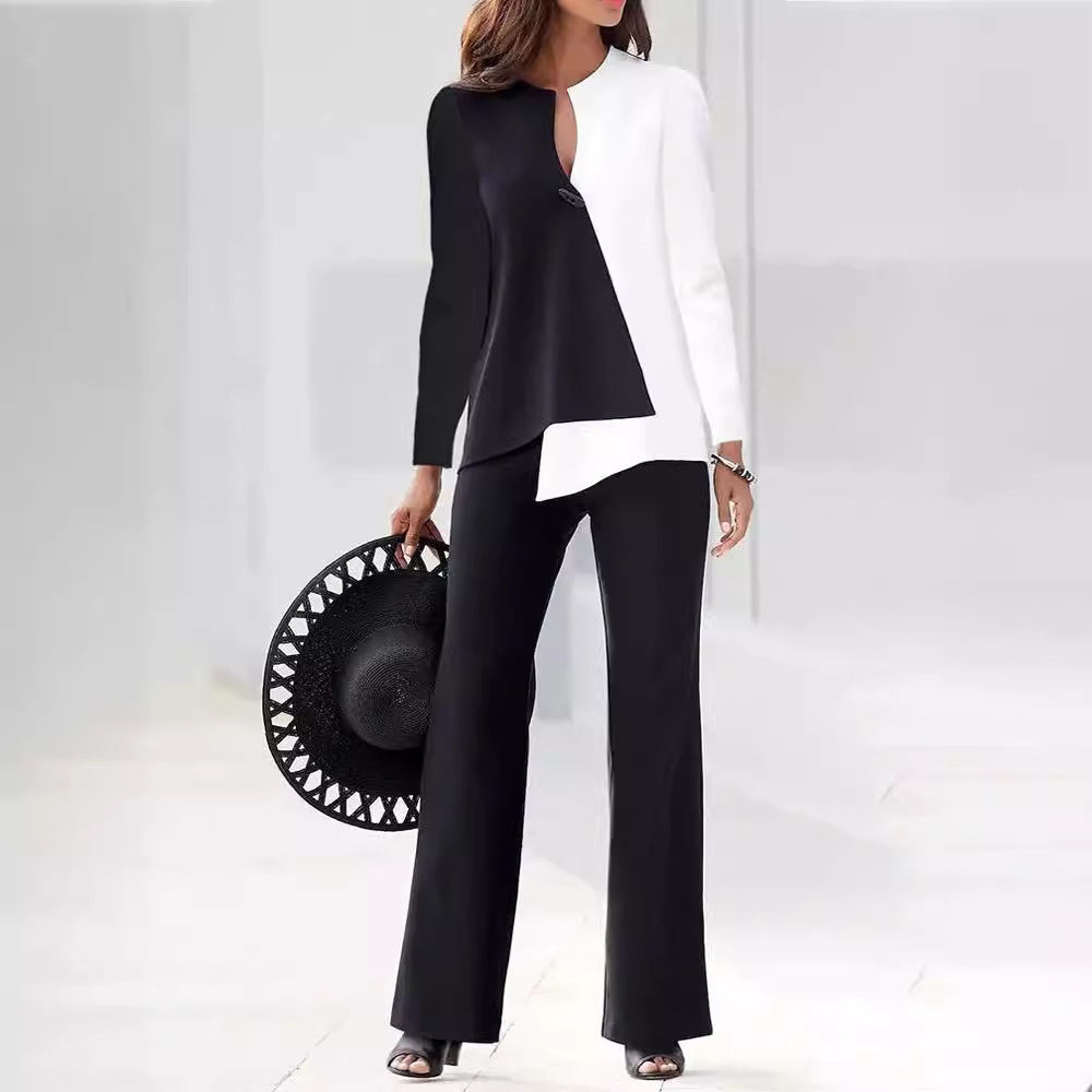 Women's Color-Block Long-Sleeve Shirt & Pants Set Casual Loose Fit
