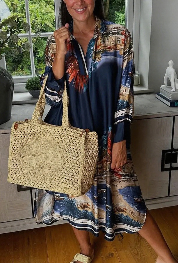 Women's Floral Print V-Neck Long Sleeve Loose Casual Dress