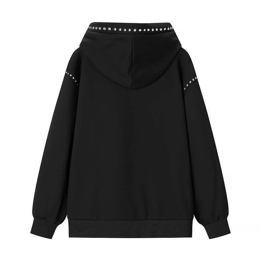 Women's Black Studded Hooded Sweatshirt Casual Zip-Up