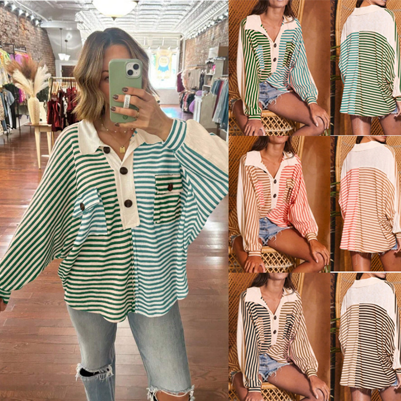 Retro Striped Polo Neck Long Sleeve Pullover Top