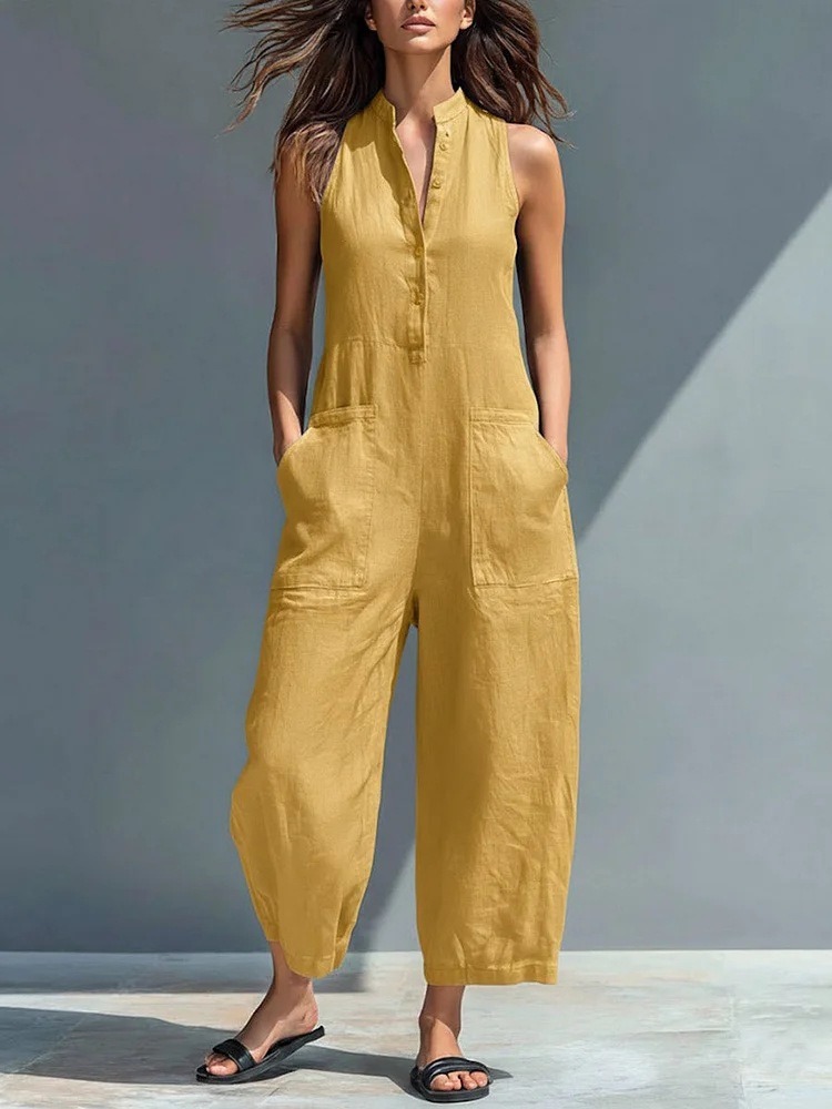 Women's Sleeveless Stand Collar Pocket Jumpsuit Casual Solid Color Straight Leg