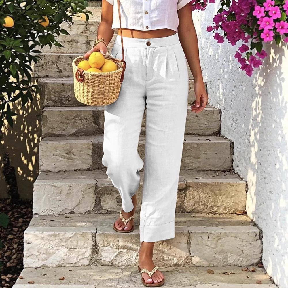 Women's Cotton-Linen Straight-Leg Cropped Pants with Button Detail