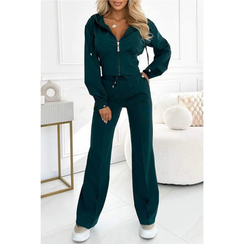 Hooded Zip-Up Slim Fit Two-Piece Sweatsuit Set