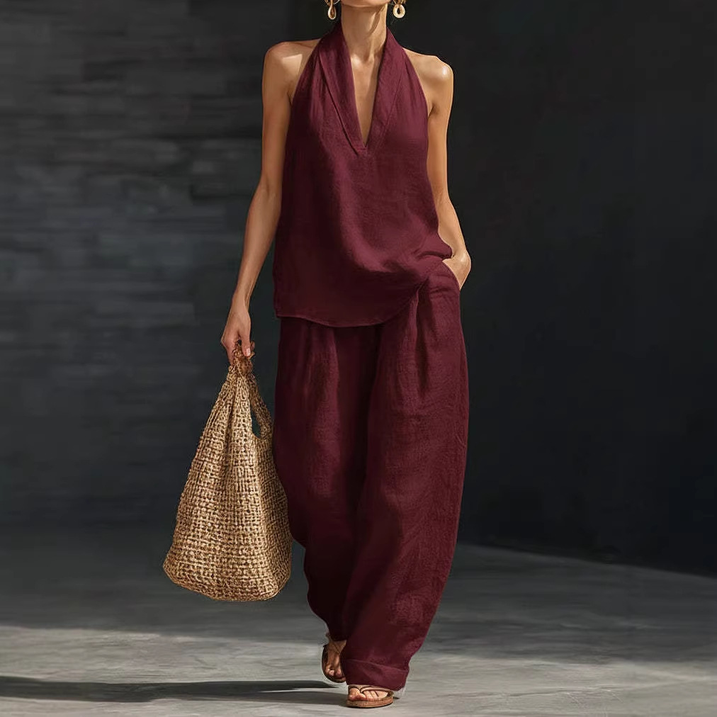 Women's Halter V-Neck Sleeveless Casual Pant Set