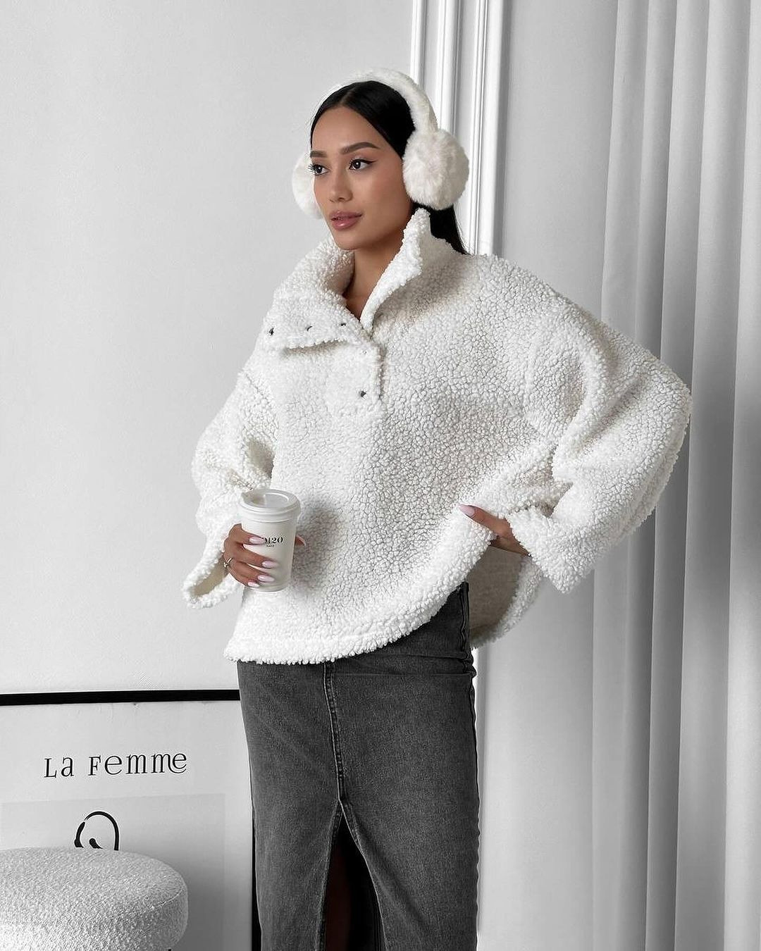 Faux Shearling Solid Color Pullover Hoodie with Scarf Neck