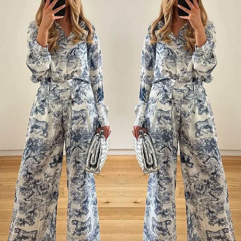 Women's Casual Printed Collared Shirt and Pants Set