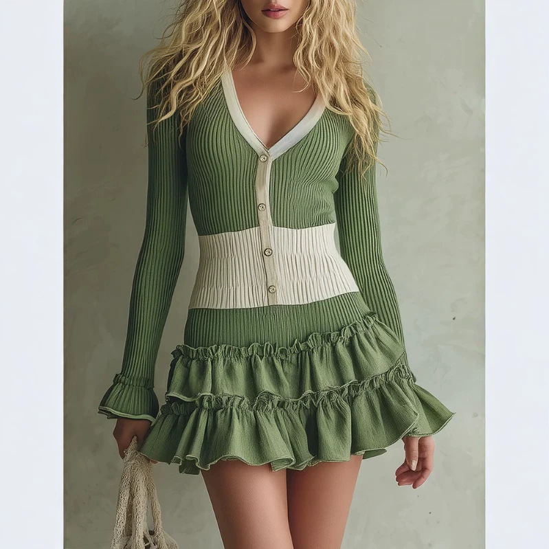Vintage Ruffled V-Neck Long-Sleeve Short Dress