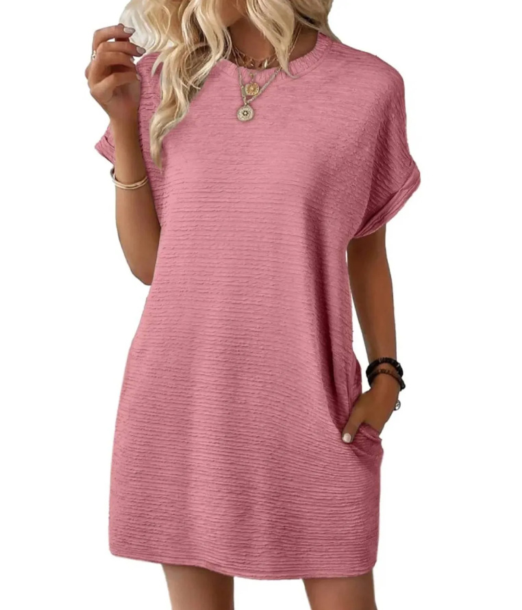 Women's Loose Crewneck Pocket Solid Short Sleeve Dress